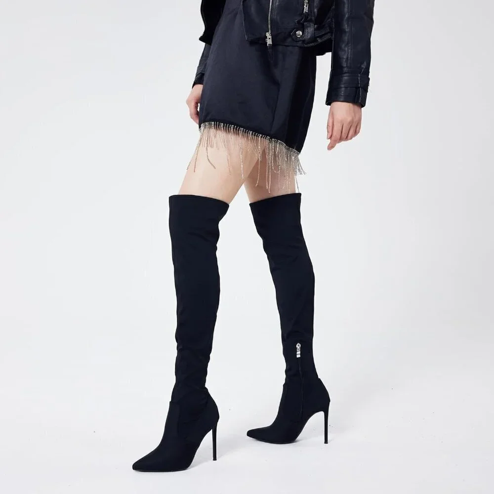 Women Black Neoprene Suede Pointed Toe 4.3 inch Stilettos Thigh High Heels Boots